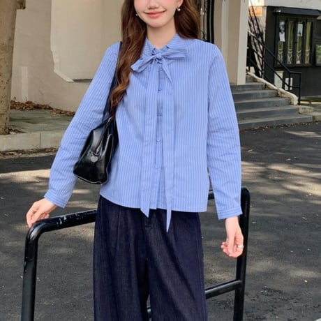 Ribbon Stripe Blouse｜リボンタイ付きストライプ長袖ブラウス　HB1078