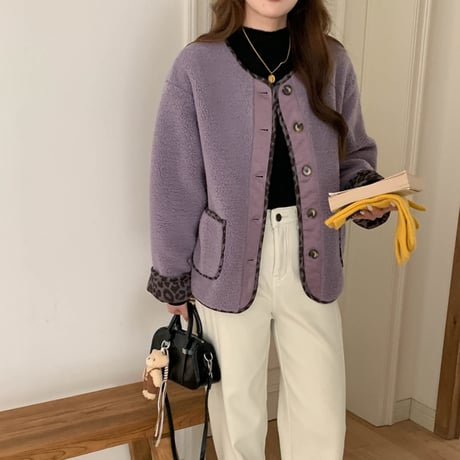 Leopard Patchwork Faux Lamb Jacket｜ヒョウ柄パッチワークフェイクラムジャケット（3color）　HA1007
