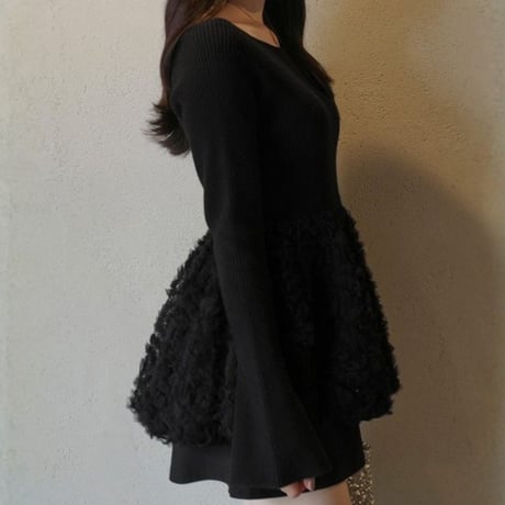 Floral Lace Peplum Knit｜フラワーレース切替ペプラムニットトップス（3color）　HB1071