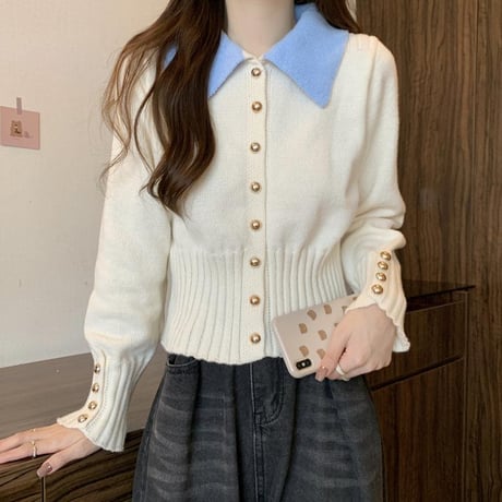 Soft Polo Knit Cardigan｜配色ポロニットカーディガン（3color）　HA1056