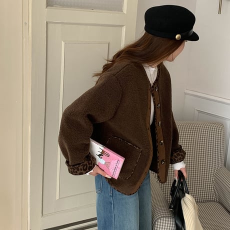 Leopard Patchwork Faux Lamb Jacket｜ヒョウ柄パッチワークフェイクラムジャケット（3color）　HA1007