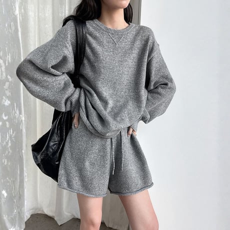Soft Knit Relax Set｜ソフトニットトップス＆ショートパンツセットアップ（2color）　HF1017