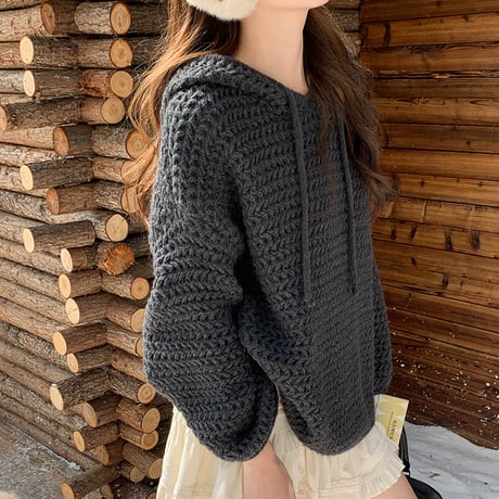 Chunky Knit Hoodie Sweater｜チャンキーニットフードセーター（4color）　HB1018