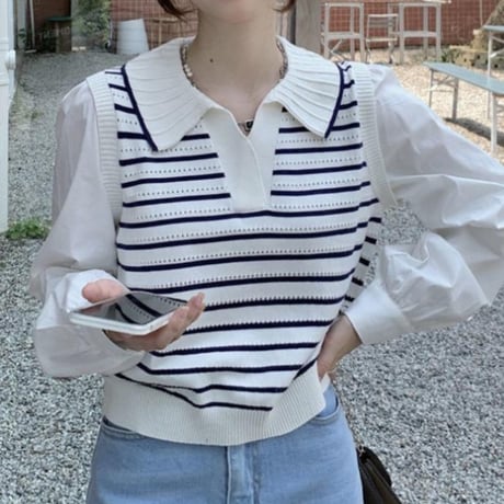 Striped Polo Layered Knit Top｜ストライプポロレイヤード風ニットトップス　HB1056