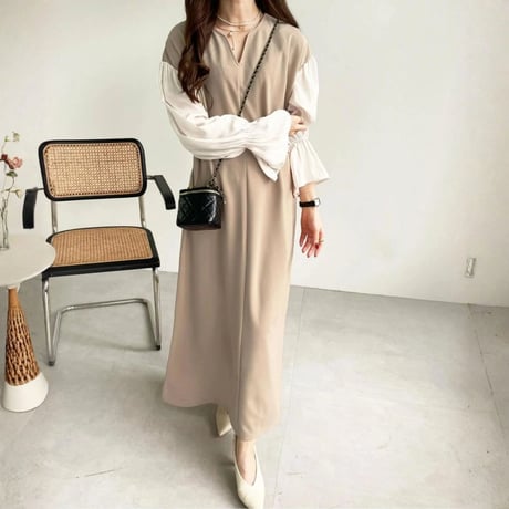 Sleeve Onepiece｜スリーブVネックロングワンピース（3color）　HE1006