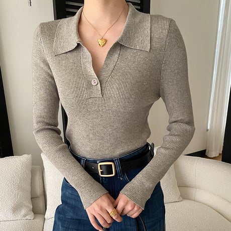 V Line Polo Rib Knit｜Vラインポロリブニット（5color）　 HB1047