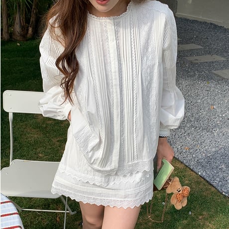 Lace Pleats Blouse & Skirt Set｜レース×プリーツブラウス＆スカートセットアップ　HF1013