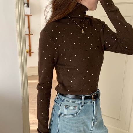 Dot Mock Neck Top｜ドット柄モックネックリブトップス（4color）　HB1062