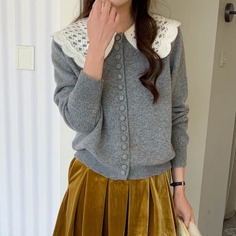 Lace Collar Knit Cardigan｜レースカラー付きニットカーディガン（3color）　HA1065
