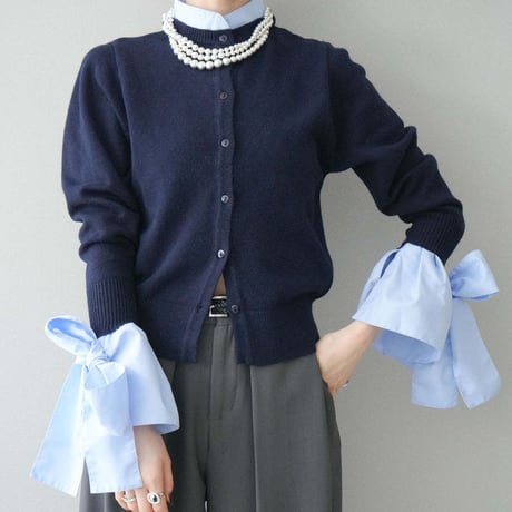 Ribbon Cuff Knit Cardigan｜袖リボンレイヤード風ニットカーディガン（2color）　HA1062