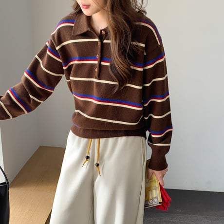 Retro Block Stripe Polo Knit｜レトロブロックストライプポロニット（3color）　HB1023