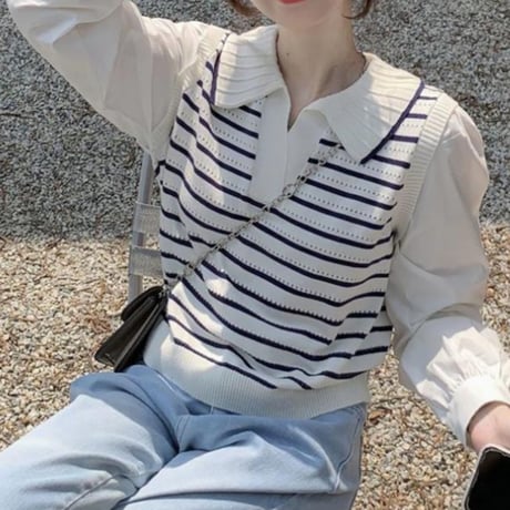 Striped Polo Layered Knit Top｜ストライプポロレイヤード風ニットトップス　HB1056