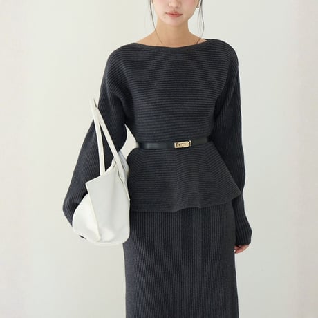 Rib Knit Peplum Set｜ペプラムニットトップス＆スカートセットアップ（2color）　HF1019