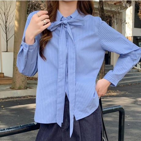 Ribbon Stripe Blouse｜リボンタイ付きストライプ長袖ブラウス　HB1078