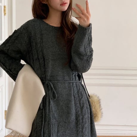 Soft Cable Knit Dress｜ケーブル編みウエストリボンニットワンピース（2color）　HE1003