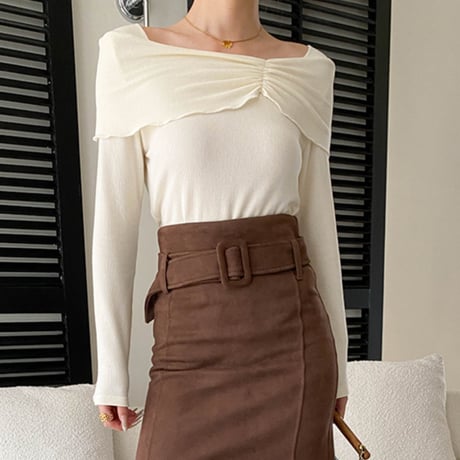 Pleats Off-Shoulder Knit｜プリーツデザインオフショルダーニットトップス（3color）　HB1070