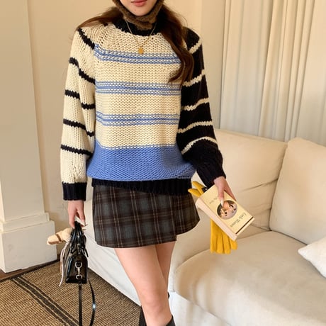 Lazy Color Block Knit｜ナチュラル配色クルーネックセーター（3color）　HB1003