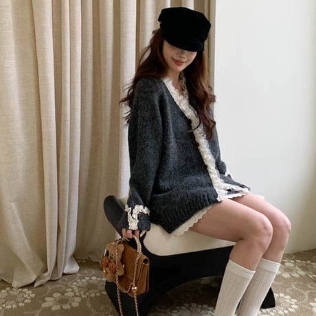 Lace Trim Knit Set｜レーストリムニットカーディガン＆スカートセットアップ（2color）　HF1014