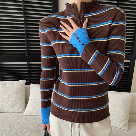 Button Stripe Rib Knit Top｜ボタンデザインストライプリブニットトップス（2color）　HB1050