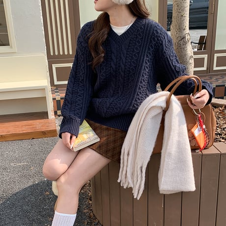 Cozy Cable V-neck Knit｜コージーケーブルVネックニット（3color）　HB1007