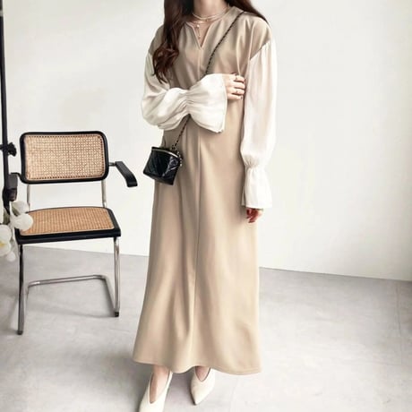 Sleeve Onepiece｜スリーブVネックロングワンピース（3color）　HE1006