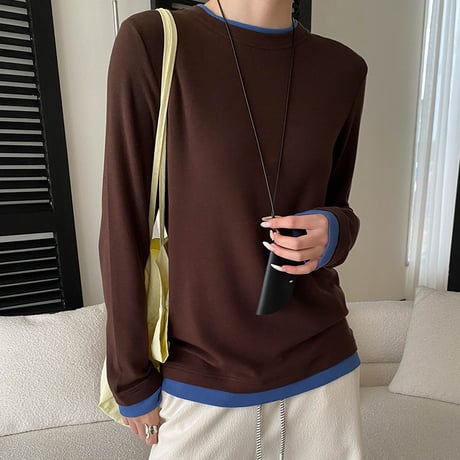 Soft Color Block Long Tee｜ソフト配色レイヤードトップス（2color）　HB1048