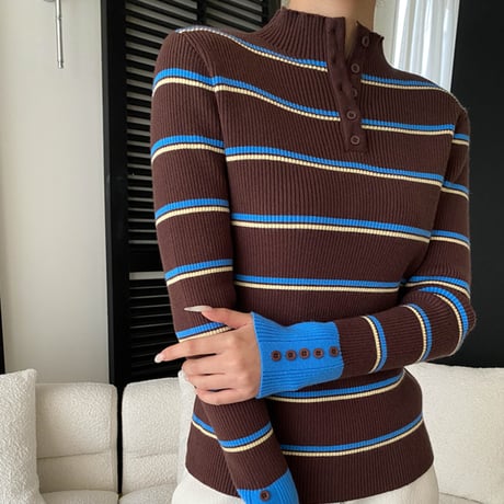 Button Stripe Rib Knit Top｜ボタンデザインストライプリブニットトップス（2color）　HB1050