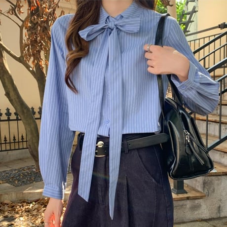 Ribbon Stripe Blouse｜リボンタイ付きストライプ長袖ブラウス　HB1078