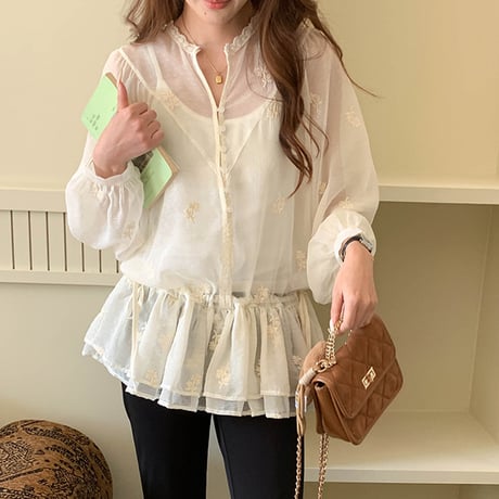 Embroidery Sheer Frill Long Sleeve Blouse｜刺繍シアーフリル長袖ブラウス　HB1075