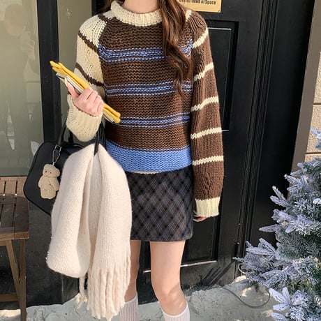 Lazy Color Block Knit｜ナチュラル配色クルーネックセーター（3color）　HB1003