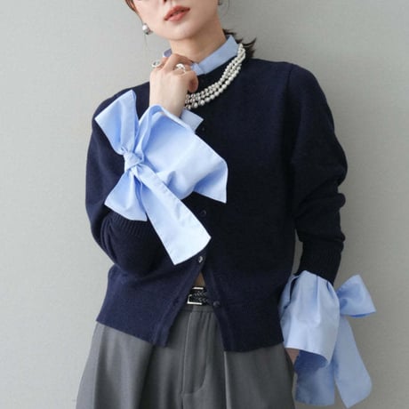 Ribbon Cuff Knit Cardigan｜袖リボンレイヤード風ニットカーディガン（2color）　HA1062
