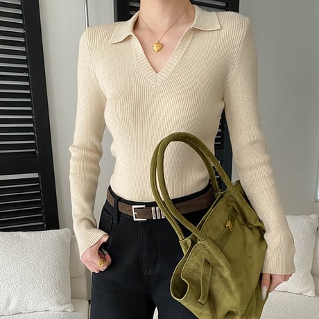 French V-neck Rib Knit｜フレンチVネックポロリブニットトップス （6color）　HB1035