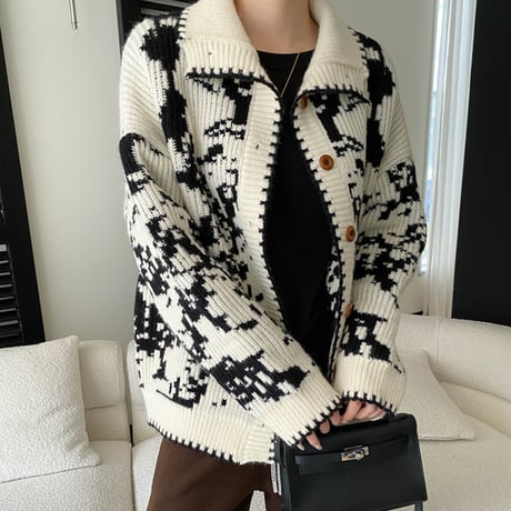 Jacquard High Neck Knit Cardigan｜ジャカード編みハイネックニットカーディガン（2color）　HA1050