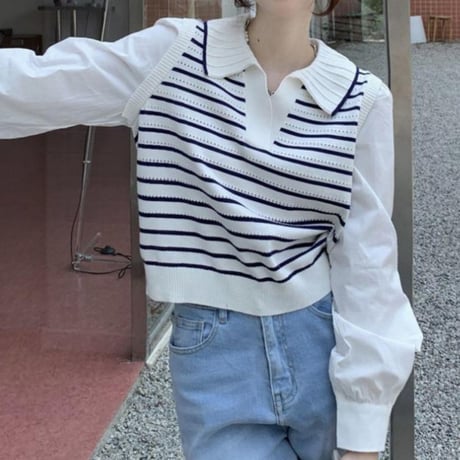 Striped Polo Layered Knit Top｜ストライプポロレイヤード風ニットトップス　HB1056