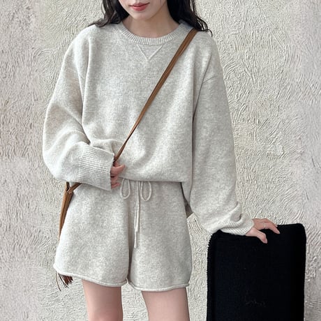Soft Knit Relax Set｜ソフトニットトップス＆ショートパンツセットアップ（2color）　HF1017