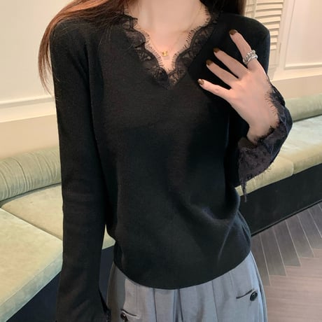 Lace V-Neck Knit Top｜レースVネックニットトップス（4color）　HB1052