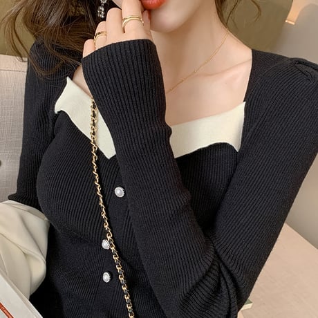 Contrast Square Neck Rib Knit Top｜配色スクエアネックリブニットトップス（2color）　HB1055