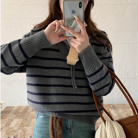 Half Zip Stripe Knit｜ハーフジップストライプニット（4color）　HB1022