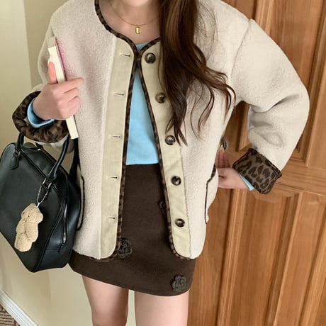 Leopard Patchwork Faux Lamb Jacket｜ヒョウ柄パッチワークフェイクラムジャケット（3color）　HA1007