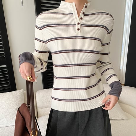 Button Stripe Rib Knit Top｜ボタンデザインストライプリブニットトップス（2color）　HB1050