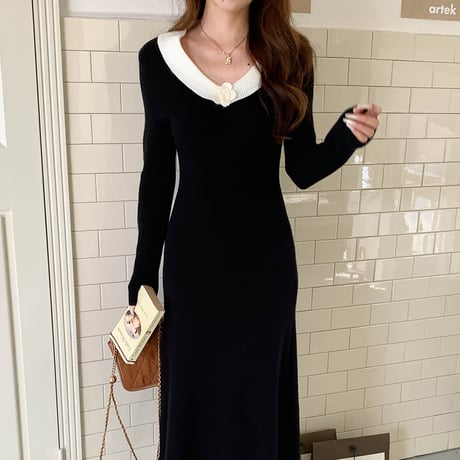 Camellia Knit Dress｜カメリア襟ニットワンピース（2color）　HE1004
