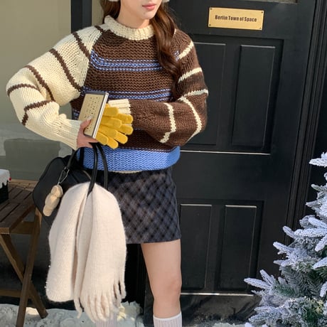Lazy Color Block Knit｜ナチュラル配色クルーネックセーター（3color）　HB1003