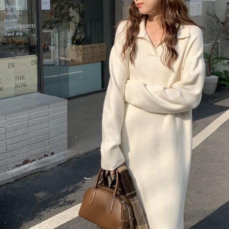 Collar Knit Long Onepiece｜襟付きニットロングワンピース（3color）　HE1001
