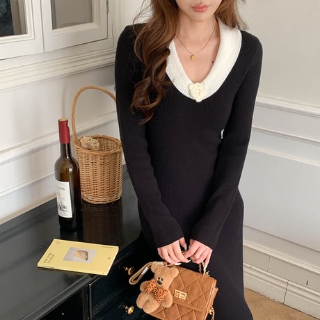 Camellia Knit Dress｜カメリア襟ニットワンピース（2color）　HE1004
