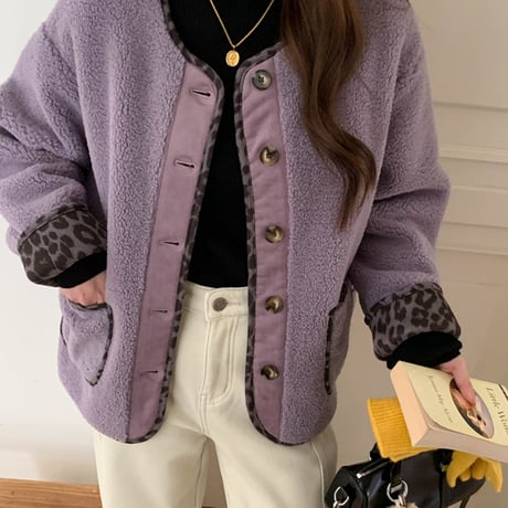 Leopard Patchwork Faux Lamb Jacket｜ヒョウ柄パッチワークフェイクラムジャケット（3color）　HA1007
