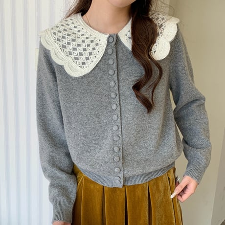 Lace Collar Knit Cardigan｜レースカラー付きニットカーディガン（3color）　HA1065
