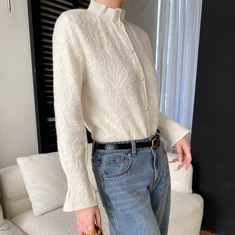 Jacquard Frill Neck Knit Cardigan｜フリルネックジャカードニットカーディガン　HA1066