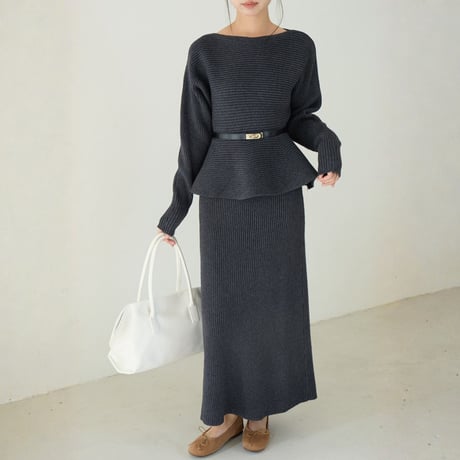 Rib Knit Peplum Set｜ペプラムニットトップス＆スカートセットアップ（2color）　HF1019