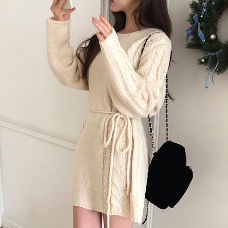 Soft Cable Knit Dress｜ケーブル編みウエストリボンニットワンピース（2color）　HE1003