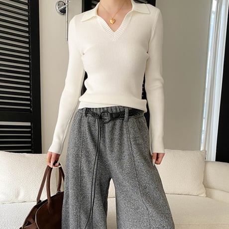French V-neck Rib Knit｜フレンチVネックポロリブニットトップス （6color）　HB1035